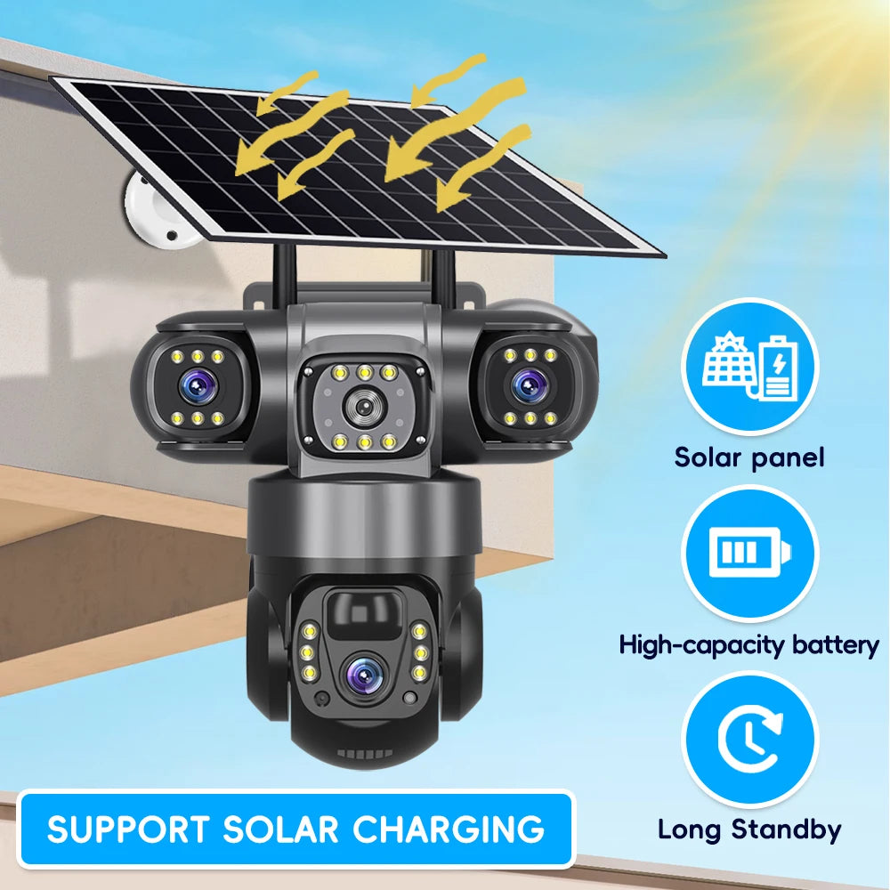 Solar Camera 4G Outdoor 12MP 10X Zoom 3 Lens 3 Screen PIR Human Detection Cameras Night Vision Waterproof CCTV Safety Protection