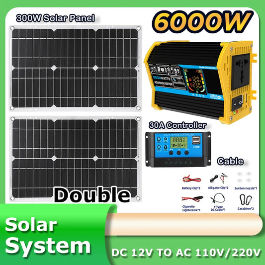 Inverter 6000W Solar Panel 2*300W 12V Portable Solar Generator Power Bank 30A Controller Kit Solar for Home Camping Station