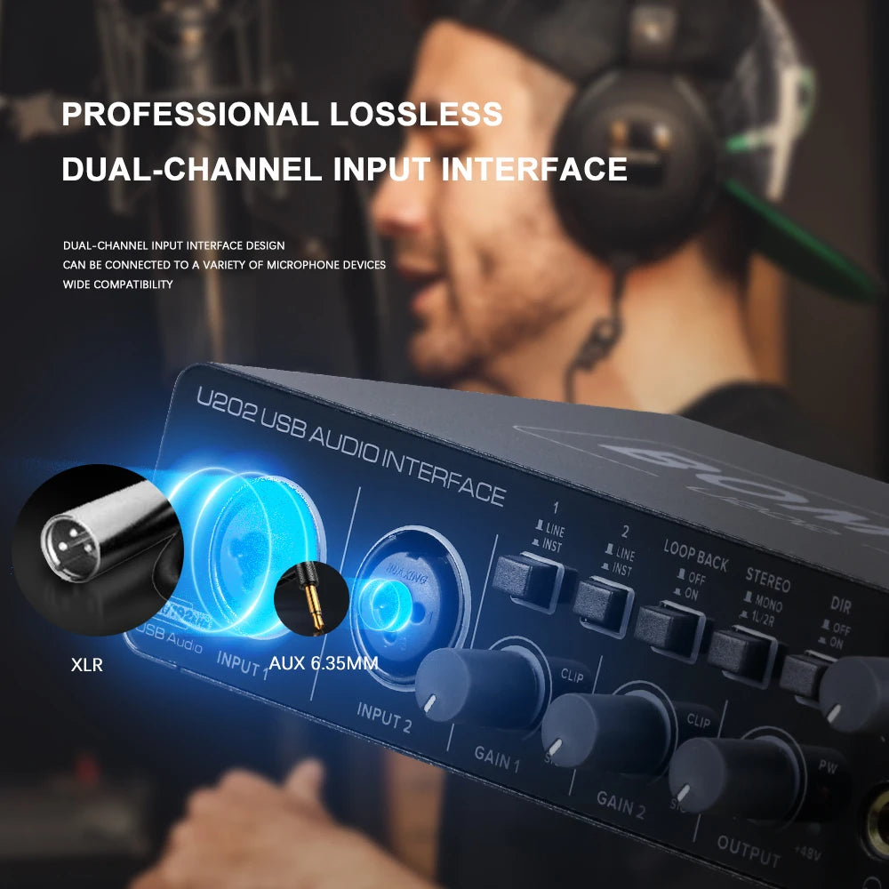 BOMGE U202 USB Audio Interface with Mic Preamplifier XLR/TSR/TS Ports 48V 32-Bit/192kHz Resolution for computer recording Stream