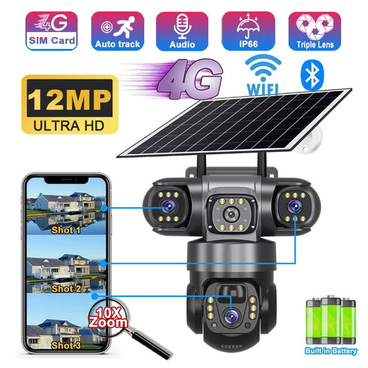 Solar Camera 4G Outdoor 12MP 10X Zoom 3 Lens 3 Screen PIR Human Detection Cameras Night Vision Waterproof CCTV Safety Protection