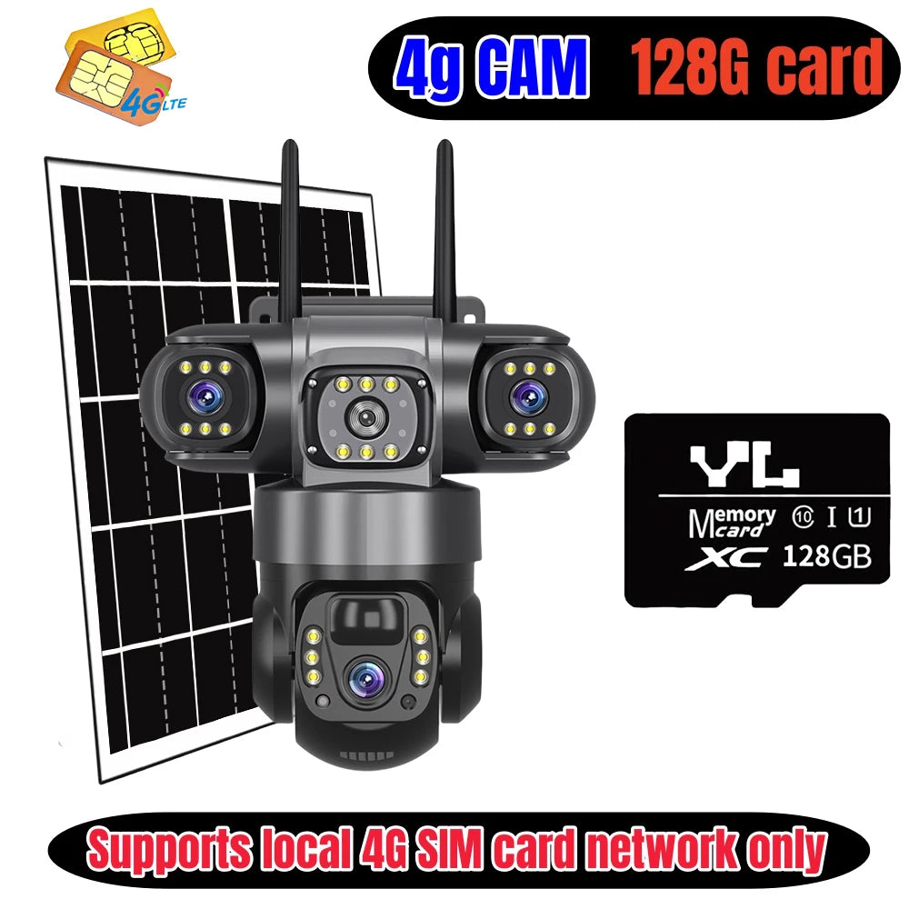 4G Solar Camera Outdoor Triple Lens Triple Screen 6K 12MP Auto Tracking IP Camera CCTV Audio Video PTZ Surveillance WIFI Camera