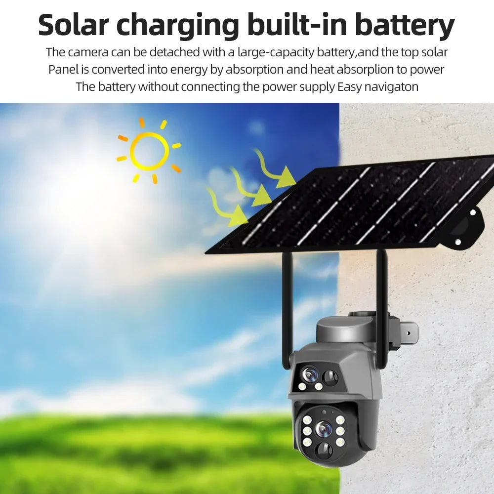 Solar Camera 4G Sim Outdoor Dual Lens 8MP 4K IP Camara With Solar Panel CCTV Security Built in Battery PIR Motion Detection Cam