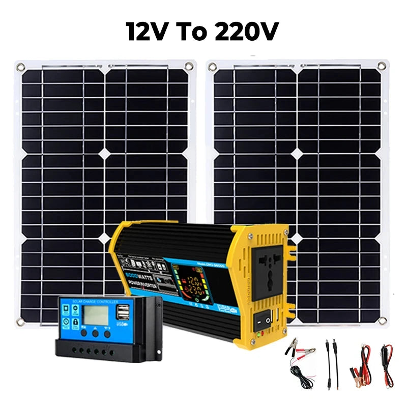 Inverter 6000W Solar Panel 2*300W 12V Portable Solar Generator Power Bank 30A Controller Kit Solar for Home Camping Station