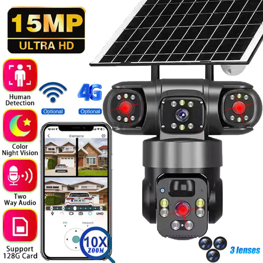 Solar Camera 4G SIM Outdoor Dual Lens Three Screens Webcam PIR Human Detect CCTV Security Video Battery PTZ IP Camara