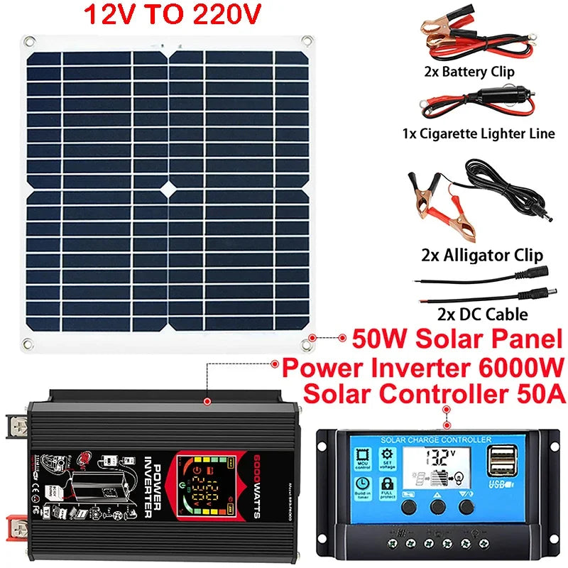6000W 4000W Power System 12V 50W Solar Panel 50A Controller Solar Power Generator Emergency Battery Charger 12V to 220V Inverter