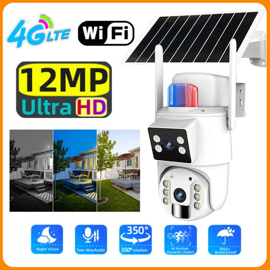 Solar Camera 4G  Outdoor Dual Lens 12MP 4K IP Camara With Solar Panel CCTV Security Built in Battery PIR Motion Detection Cam