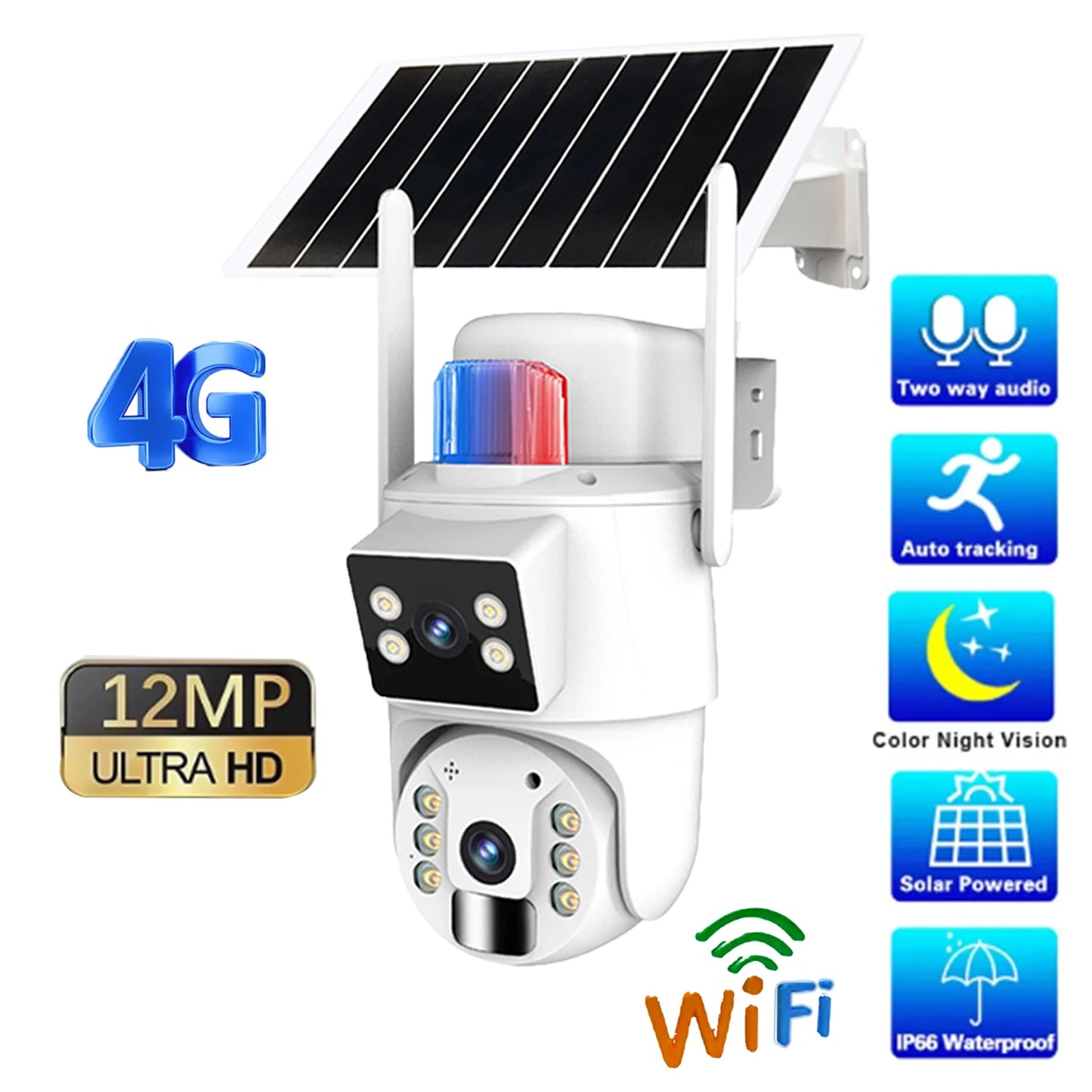 Solar Camera 4G  Outdoor Dual Lens 12MP 4K IP Camara With Solar Panel CCTV Security Built in Battery PIR Motion Detection Cam
