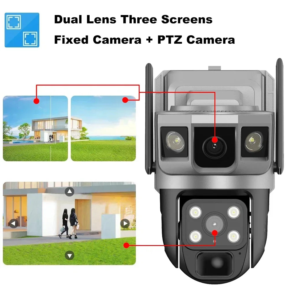 Solar Camera 4G Sim Outdoor Camera Triple Screen 12MP 6K IP Solar Panel CCTV Security Built-in Battery PIR Camera