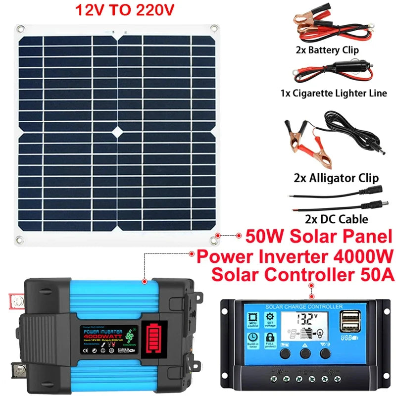 6000W 4000W Power System 12V 50W Solar Panel 50A Controller Solar Power Generator Emergency Battery Charger 12V to 220V Inverter