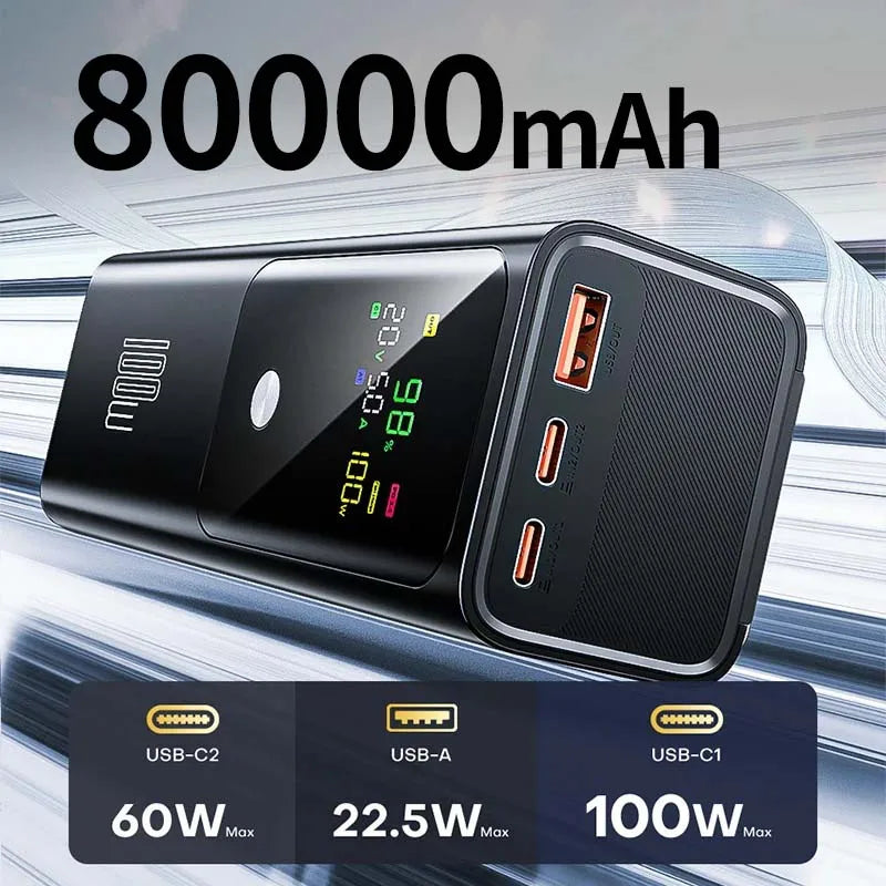 80000mAh Large-capacity Portable  Color Screen Power Bank PD 100W Super Fast Charging is suitable For Mobile phones and laptops