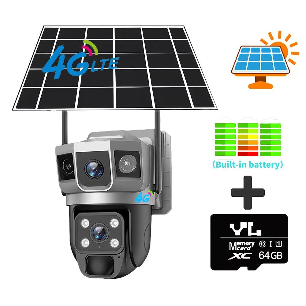 Solar Camera 4G SIM Card WiFi Wireless Network 360 IP 8MP 4K HD CCTV Battery Dual Lens Outdoor Smart Home Security Surveillance
