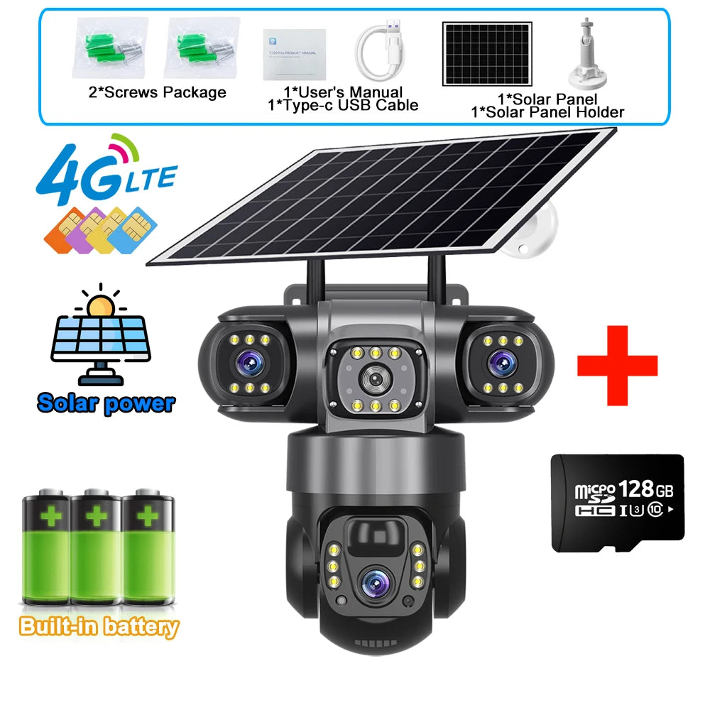 Solar Camera 4G Outdoor 12MP 10X Zoom 3 Lens 3 Screen PIR Human Detection Cameras Night Vision Waterproof CCTV Safety Protection
