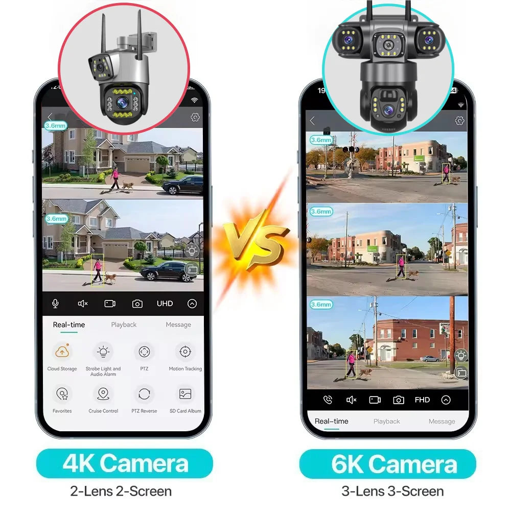 4G Solar Camera Outdoor Triple Lens Triple Screen 6K 12MP Auto Tracking IP Camera CCTV Audio Video PTZ Surveillance WIFI Camera