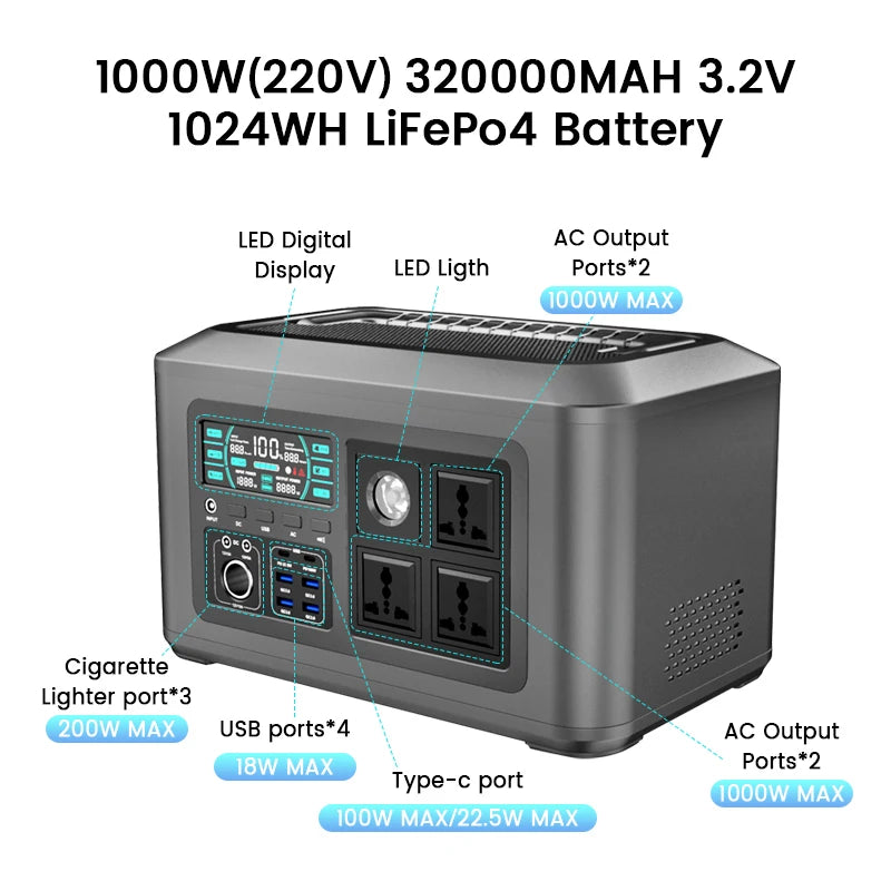 Portable Power Station Solar Generator 1000Wh 345.6Wh Lifepo4 Battery Pure Sine Wave Energy Storage Home Emergency Power Supply