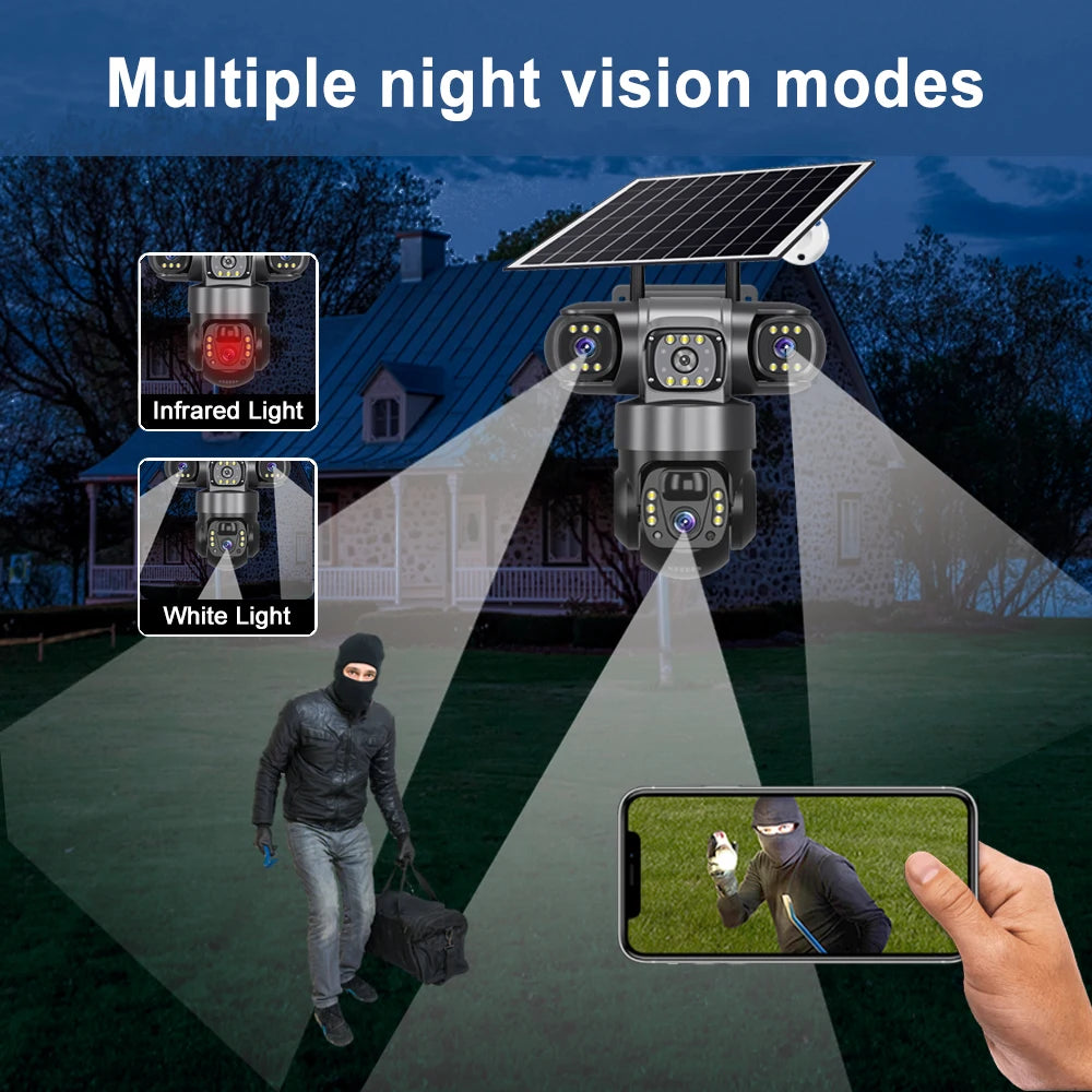 Solar Camera 4G Outdoor 12MP 10X Zoom 3 Lens 3 Screen PIR Human Detection Cameras Night Vision Waterproof CCTV Safety Protection
