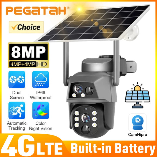 Solar Camera 4G Sim Outdoor Dual Lens 8MP 4K IP Camara With Solar Panel CCTV Security Built in Battery PIR Motion Detection Cam